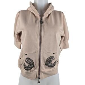 Hale Bob Prim Rose Lightweight Hooded Beaded Short Sleeve Jacket M NWT